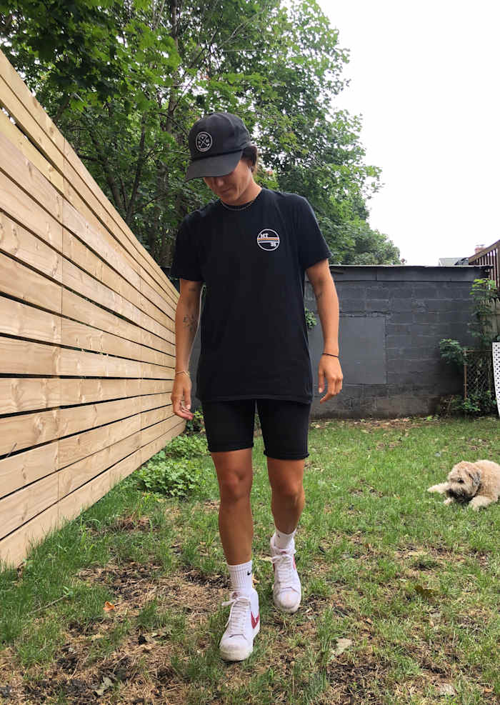 Michelle Tumolo wearing her MT35 t-shirt in black.